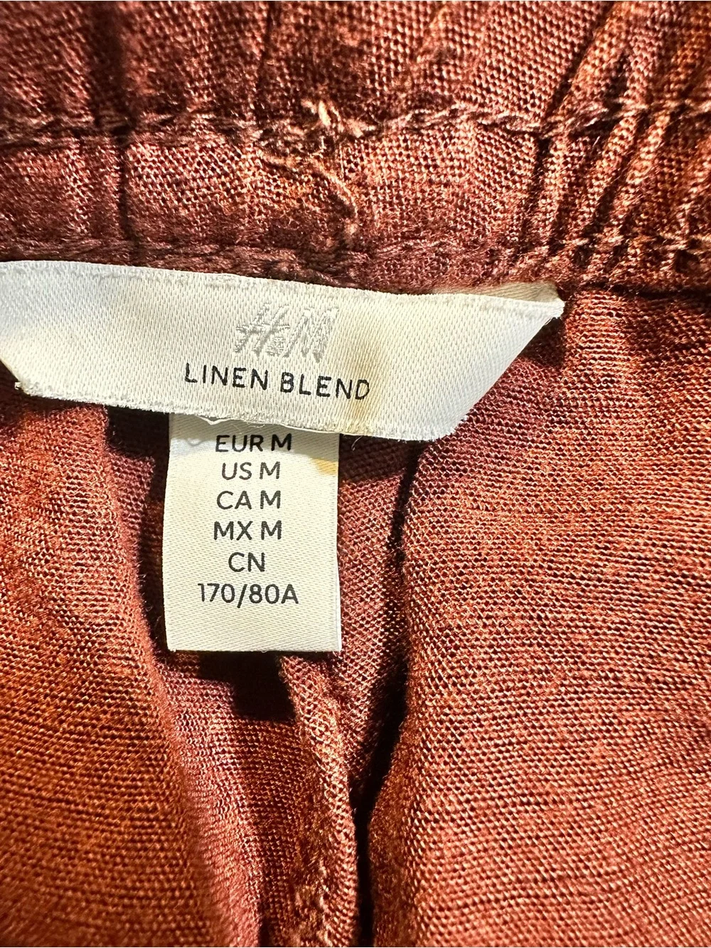 H&M Linen Blend Wide Leg Pull On Pants Burgundy Medium Elastic Waist Pockets